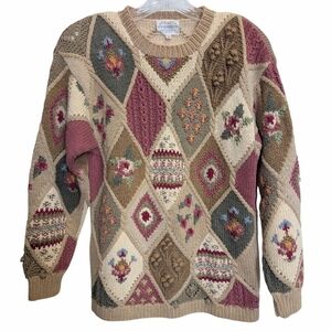 Susan Bristol Vtg Hand Knit Sweater Multi Pattern Country Cottage 90s